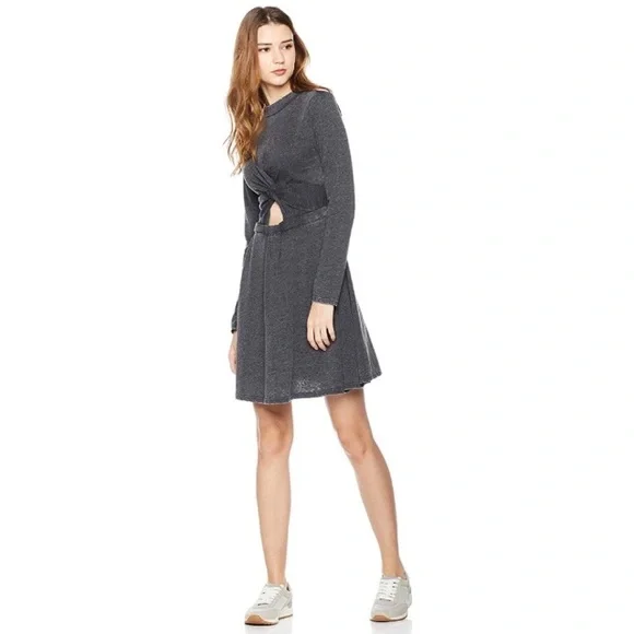 Twist Front Cut Out Long Sleeve Soft Knit Dress Charcoal Grey - Picture 3 of 7